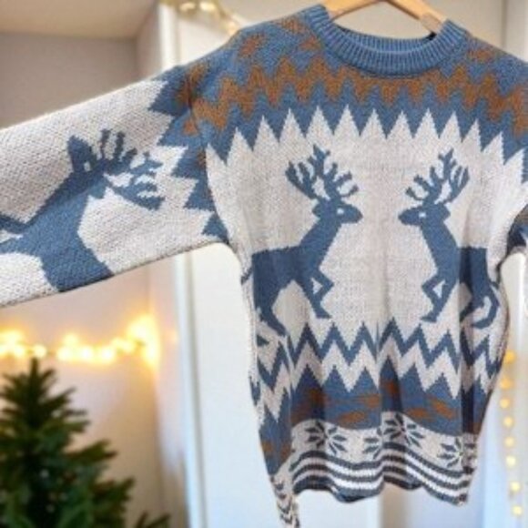 NWT J.ING Jing Unisex Blue Christmas Ugly Sweater Elk Pattern Oversize Jumper - Picture 5 of 5